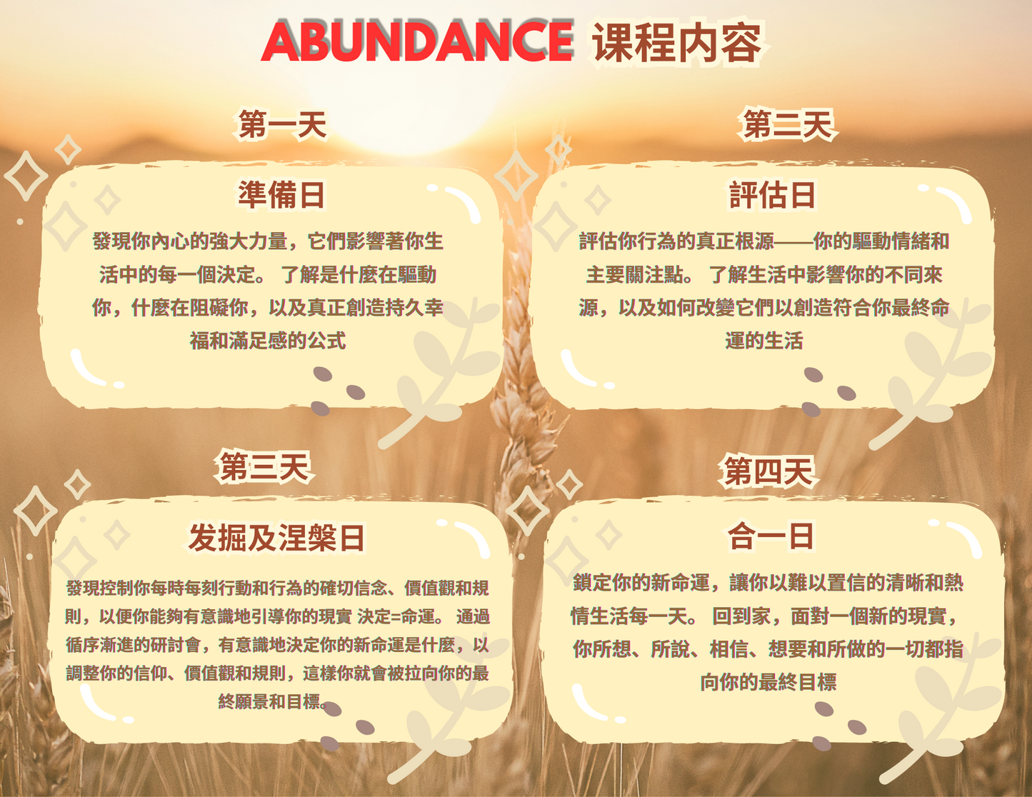 Abundance 丰盈人生 富足之道 11月16,17,23,24日 - 四日课程 ～～早鸟优惠～～